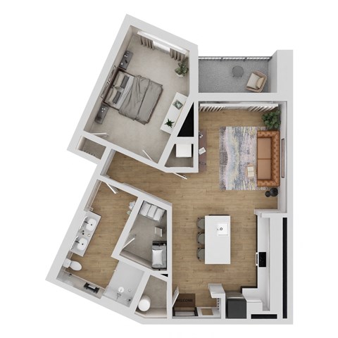 Floor plan for 1 bed, 1 bath, 805 sqft